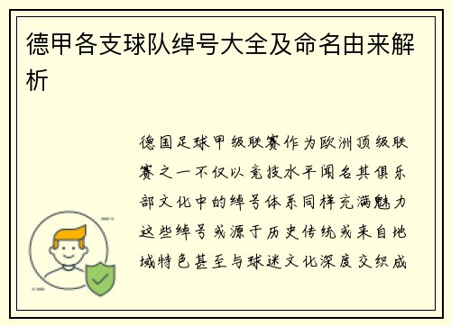 德甲各支球队绰号大全及命名由来解析