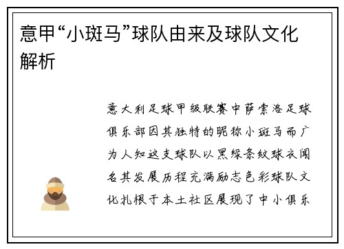 意甲“小斑马”球队由来及球队文化解析